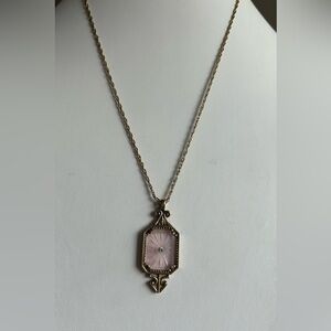Vintage Gold Tone Signed Avon Frostlights Pink Camphor Glass Pendant Necklace